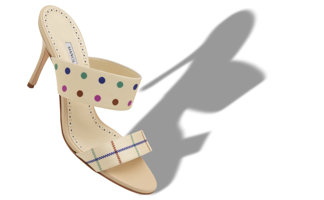 Cream Silk Check and Polka Dot Detail Mules