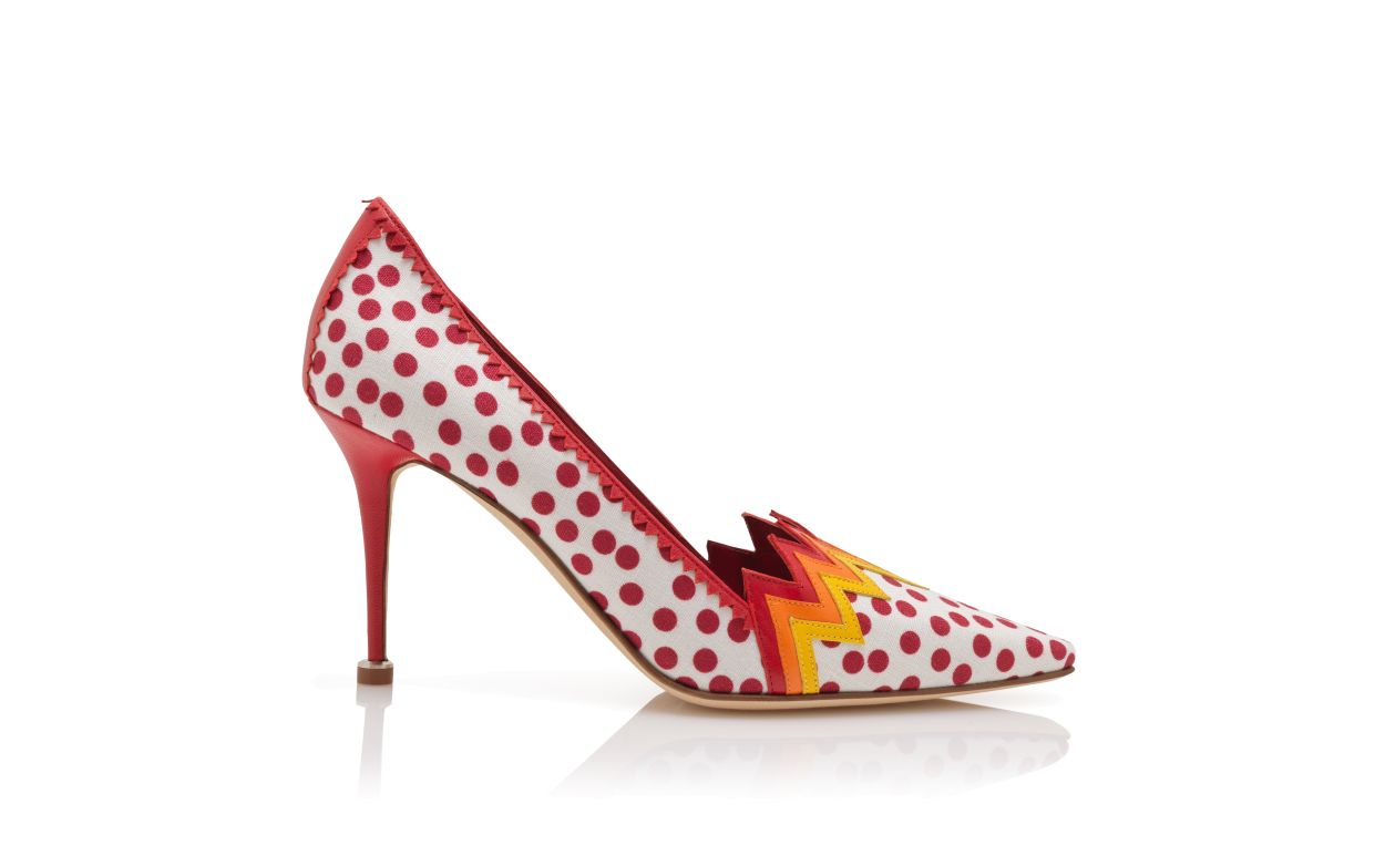 Red and White Linen Polka Dot Pumps