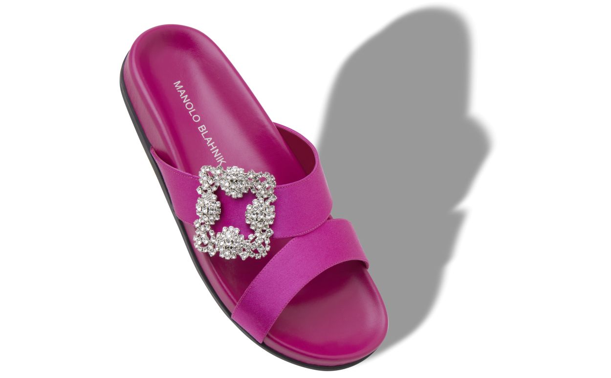 Dark Fuchsia Satin Jewel Buckle Flat Mules