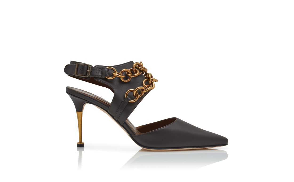 Dark Brown Calf Leather Ankle Strap Pumps