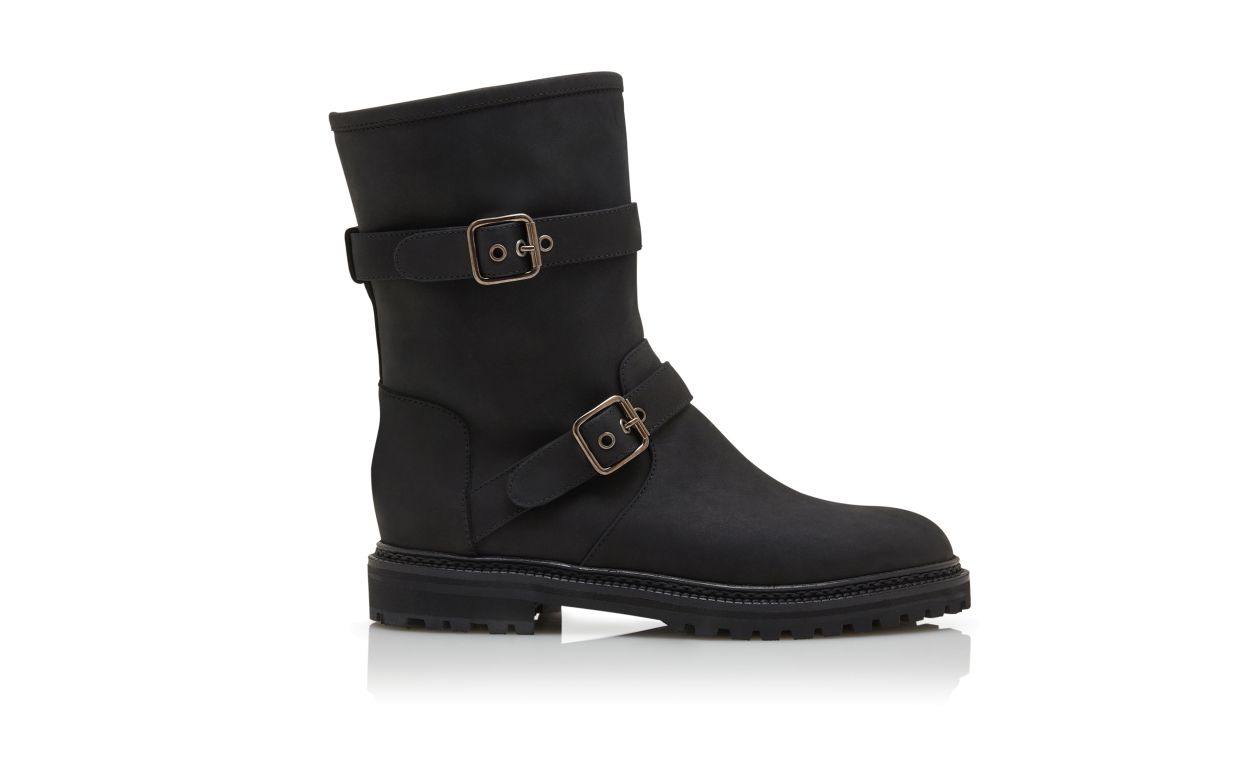 Black Nubuck Dual Buckle Ankle Boots