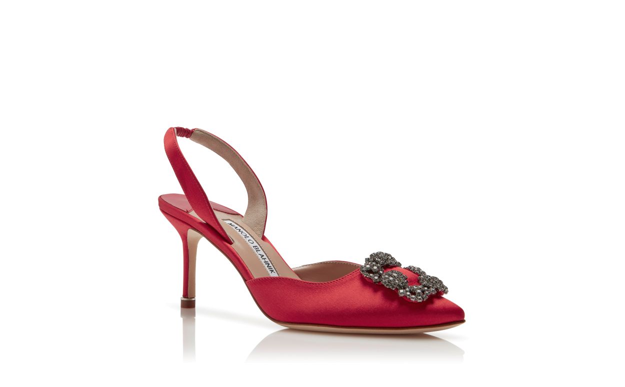 Red Satin Jewel Buckle Slingback Pumps