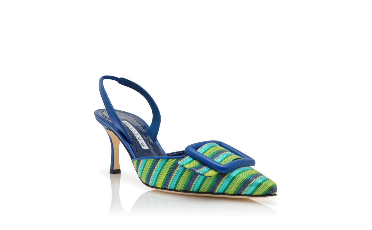 Blue and Green Cotton Buckle Detail Slingback Pumps