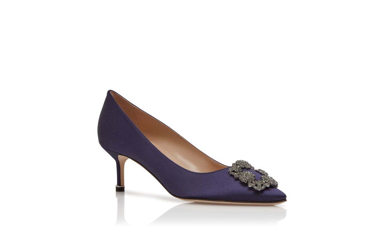 Dark Blue Satin Jewel Buckle Pumps