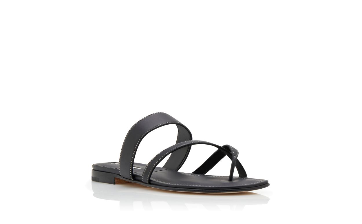 Black Calf Leather Crossover Flat Sandals