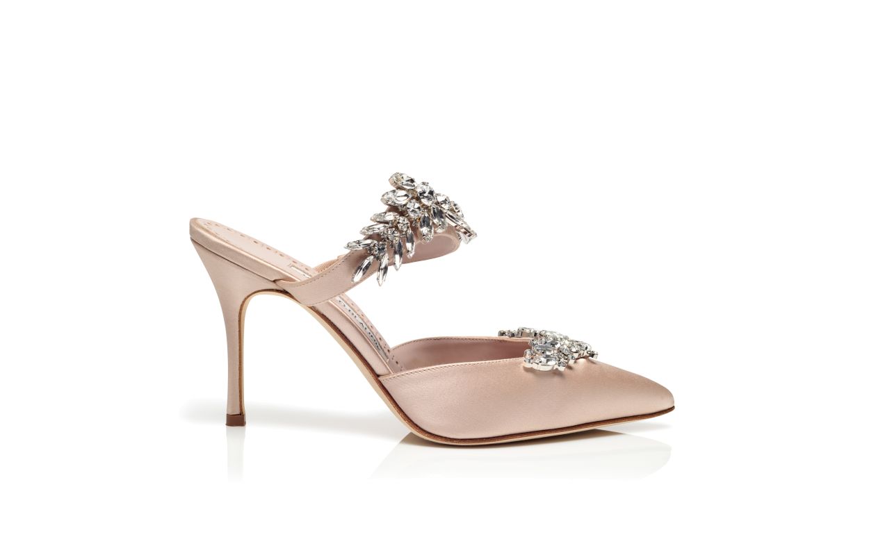 Light Beige Satin Crystal Embellished Mules