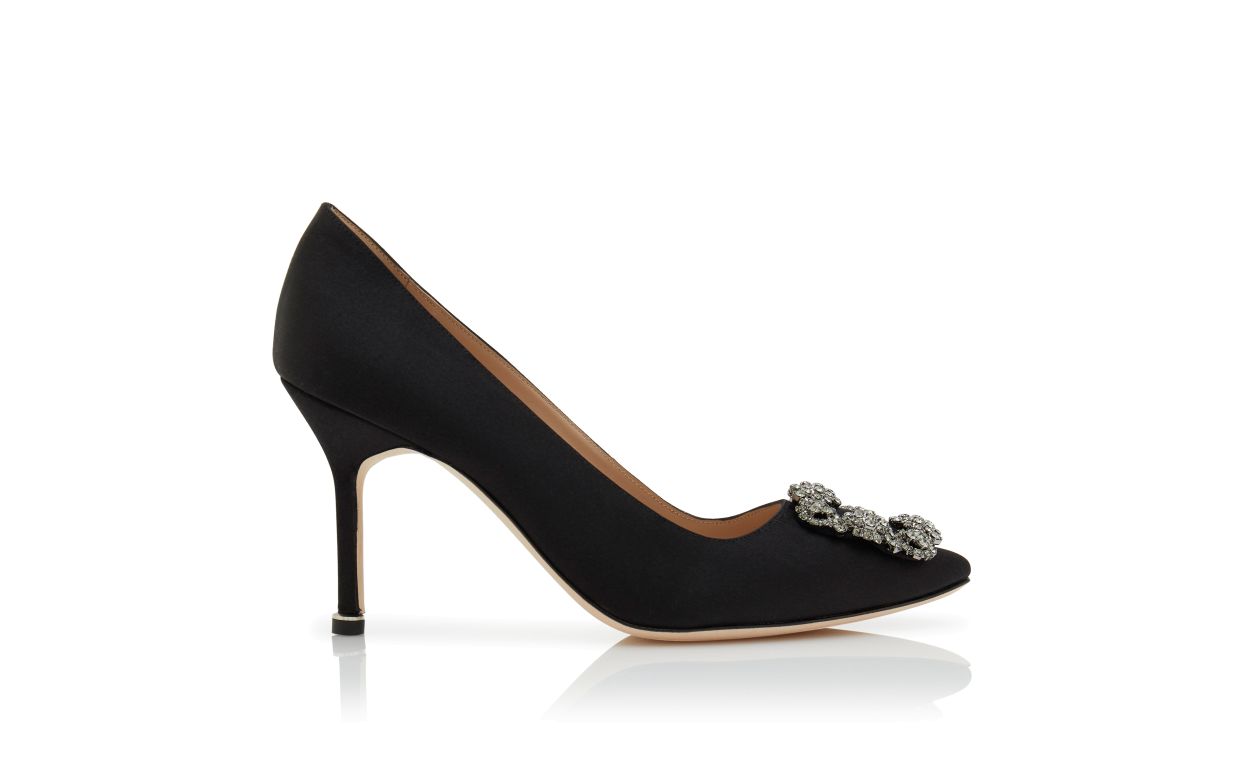 Black Satin Jewel Buckle Pumps