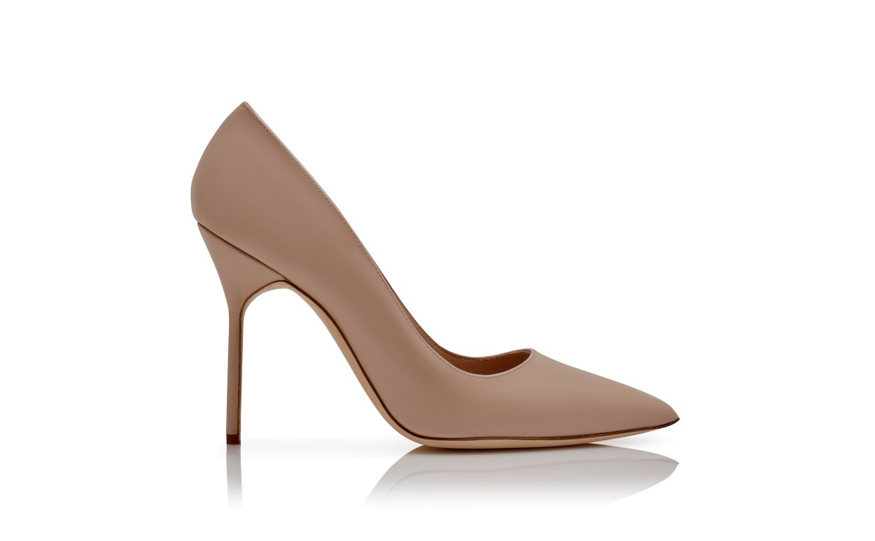 Beige Patent Leather Pointed Toe Pumps