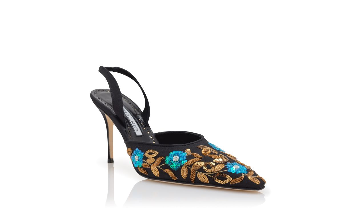 Black Crepe de Chine Embroidered Slingback Pumps