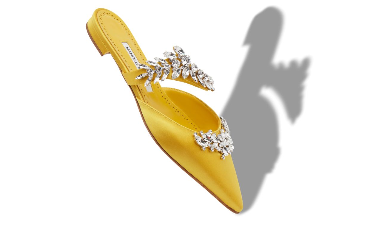 Yellow Satin Crystal Embellished Flat Mules