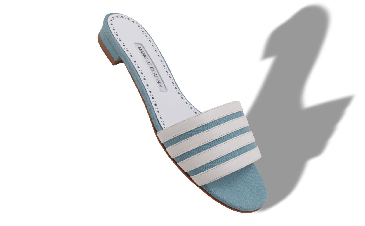 Light Blue and White Linen Flat Mules
