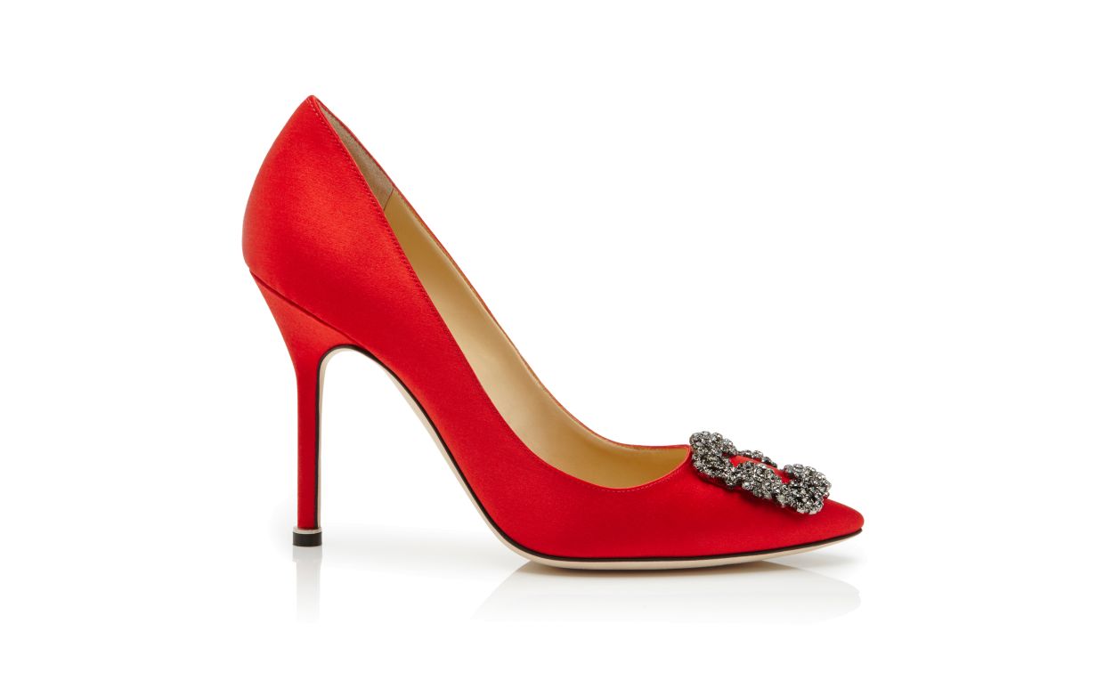 Red Satin Jewel Buckle Pumps
