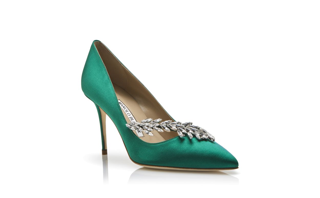Green Satin Jewel Buckle Pumps