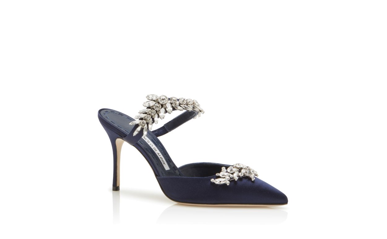Navy Blue Satin Crystal Embellished Mules