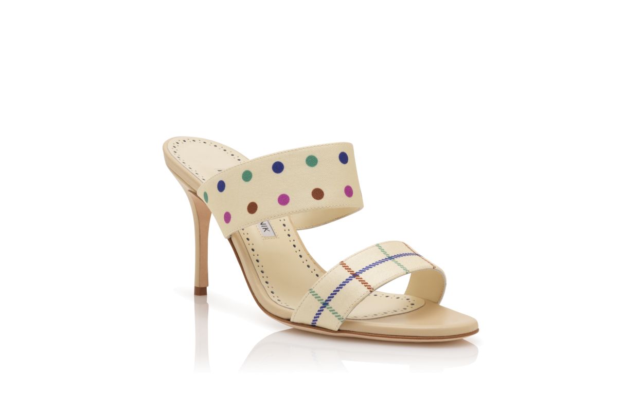 Cream Silk Check and Polka Dot Detail Mules