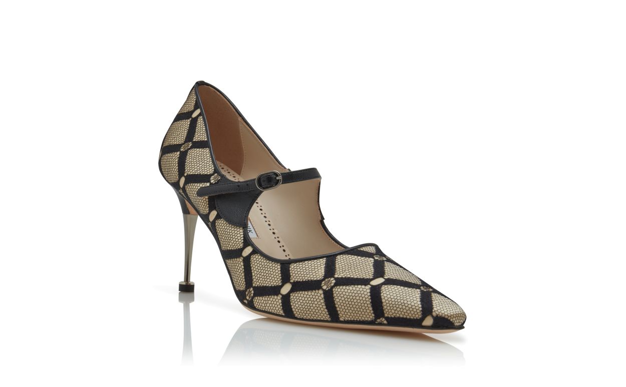 Light Beige and Black Mesh Mary Jane Pumps