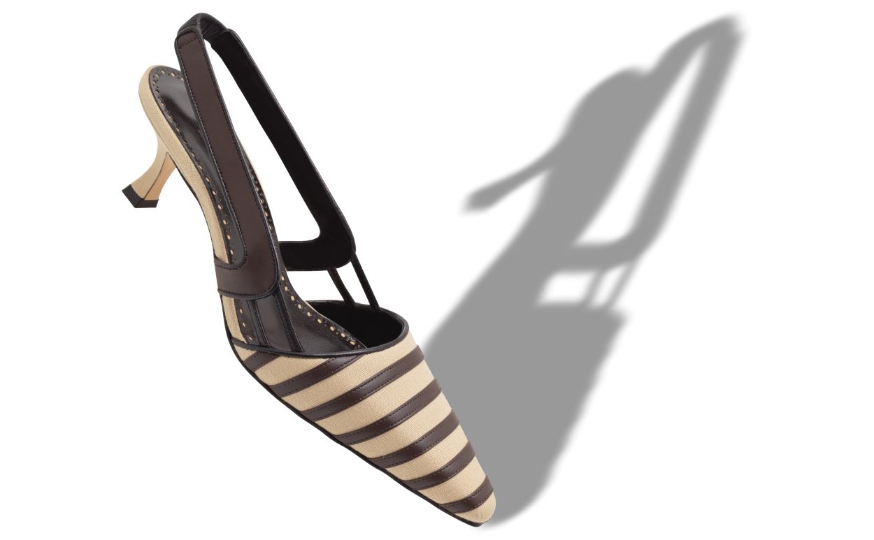 Light Beige and Brown Linen Slingback Pumps
