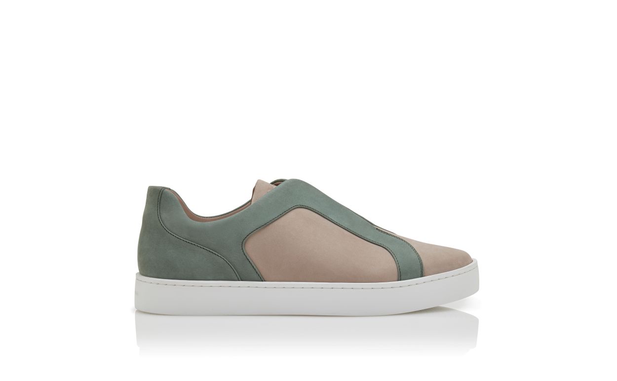 Grey and Green Calf Leather Low Cut Sneakers