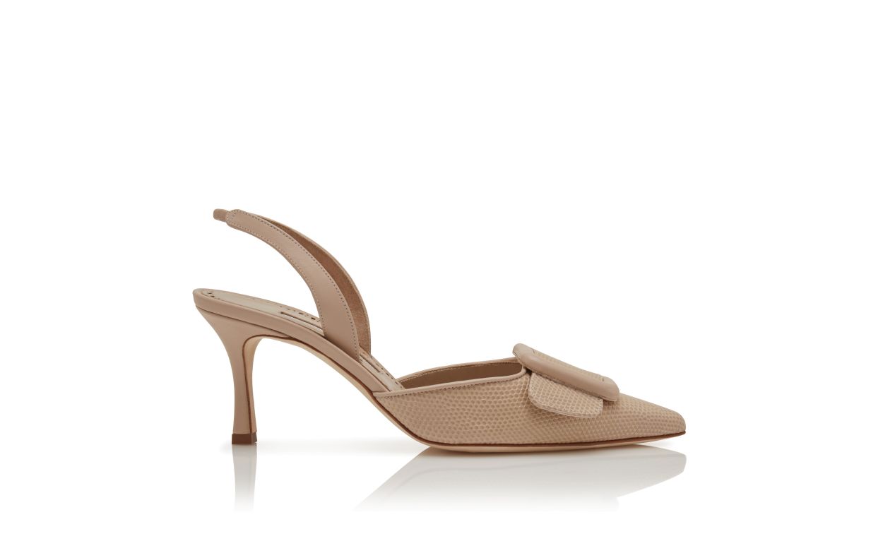 Light Beige Calf Leather Buckle Detail Slingback Pumps