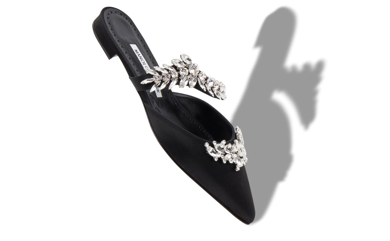 Black Satin Crystal Embellished Flat Mules
