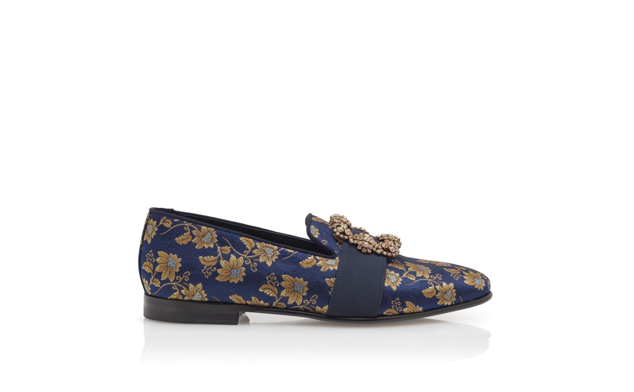 Navy Blue Floral Silk Jacquard Jewel Buckle Loafers