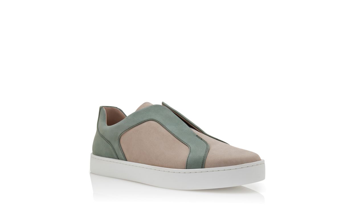Grey and Green Calf Leather Low Cut Sneakers