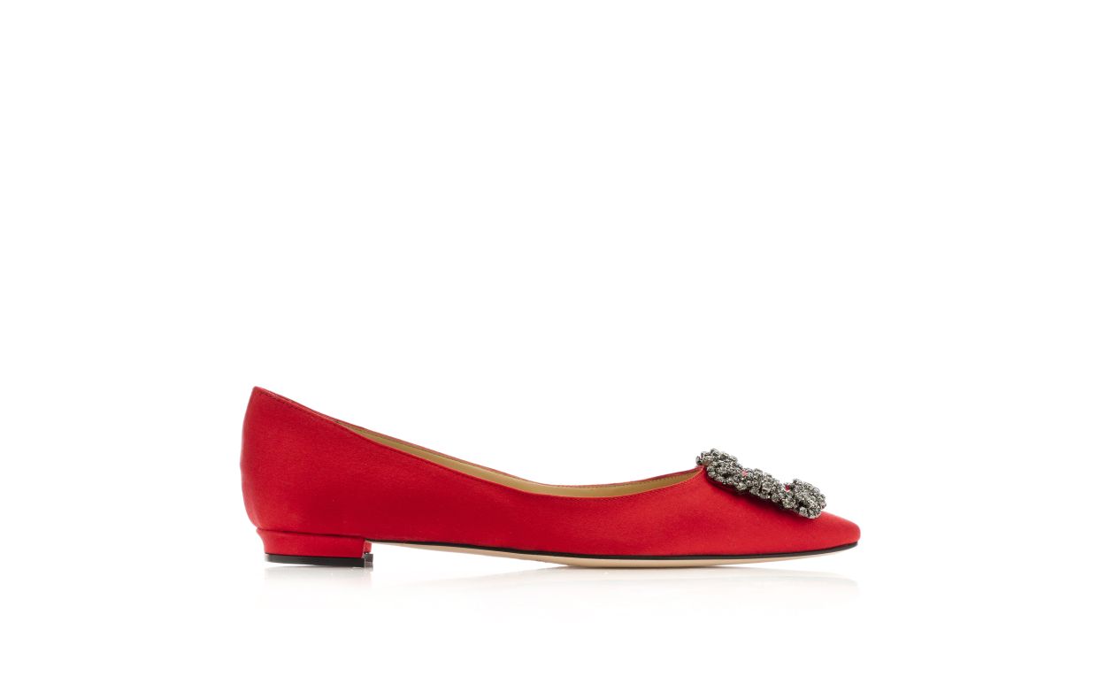 Red Satin Jewel Buckle Flat Pumps