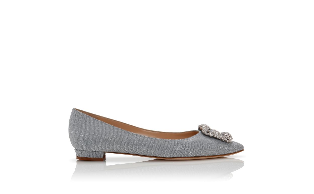 Silver Glitter Fabric Jewel Buckle Flat Pumps