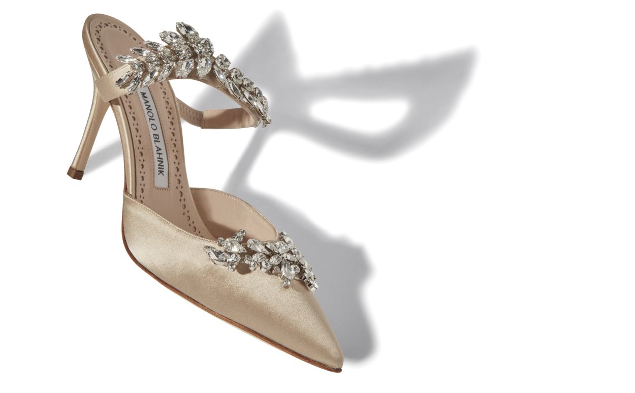Champagne Satin Crystal Embellished Mules