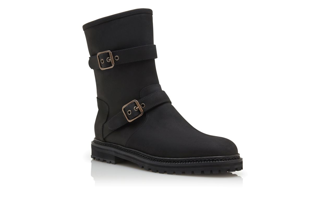 Black Nubuck Dual Buckle Ankle Boots