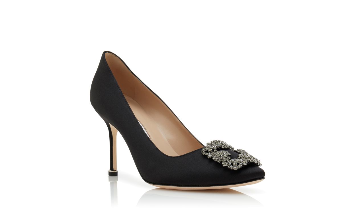 Black Satin Jewel Buckle Pumps