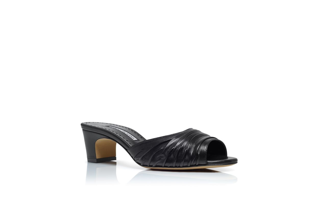 Black Nappa Leather Ruched Open Toe Mules