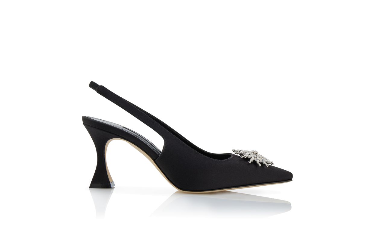 Black Satin Crystal Embellished Slingback Pumps
