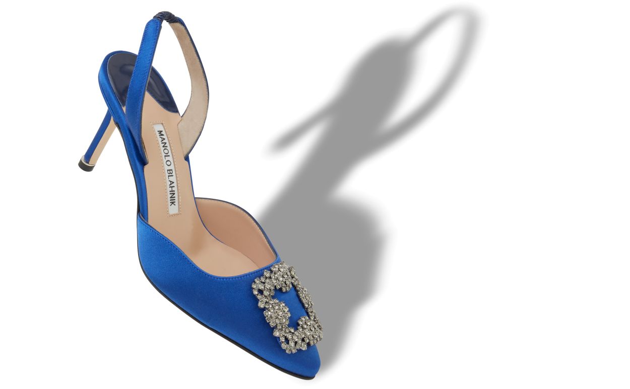 Blue Satin Jewel Buckle Slingback Pumps