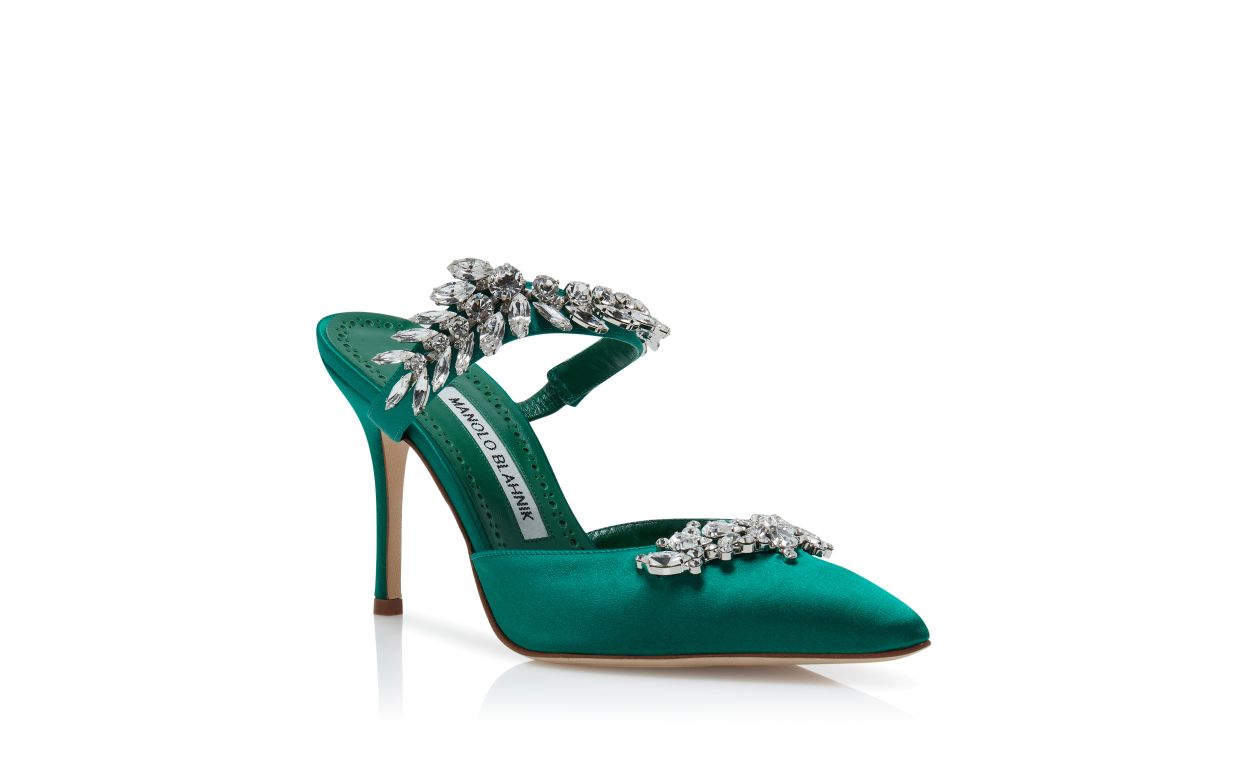 Green Satin Crystal Embellished Mules