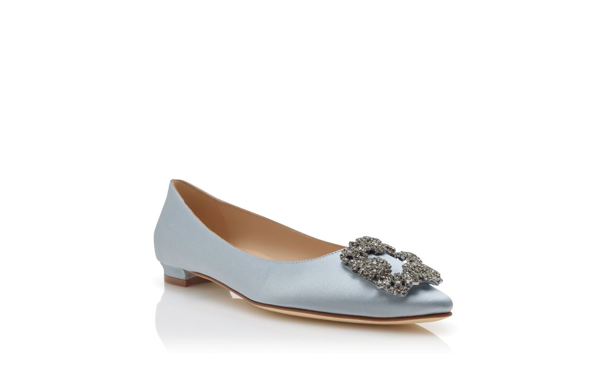 Light Blue Satin Jewel Buckle Flat Pumps