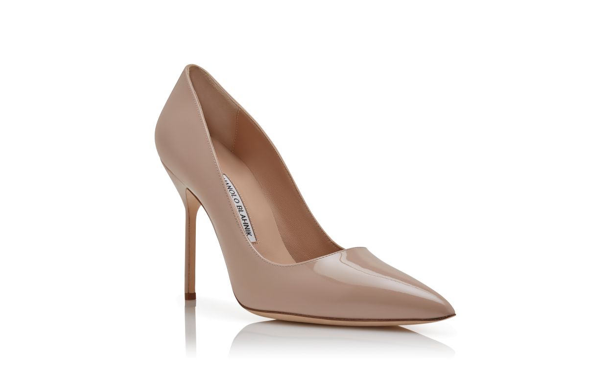 Beige Patent Leather Pointed Toe Pumps