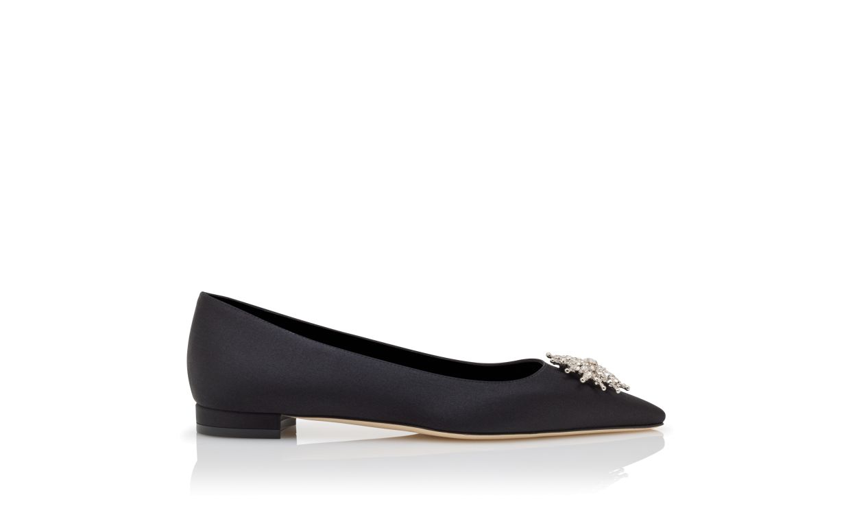 Black Satin Crystal Embellished Flat Pumps