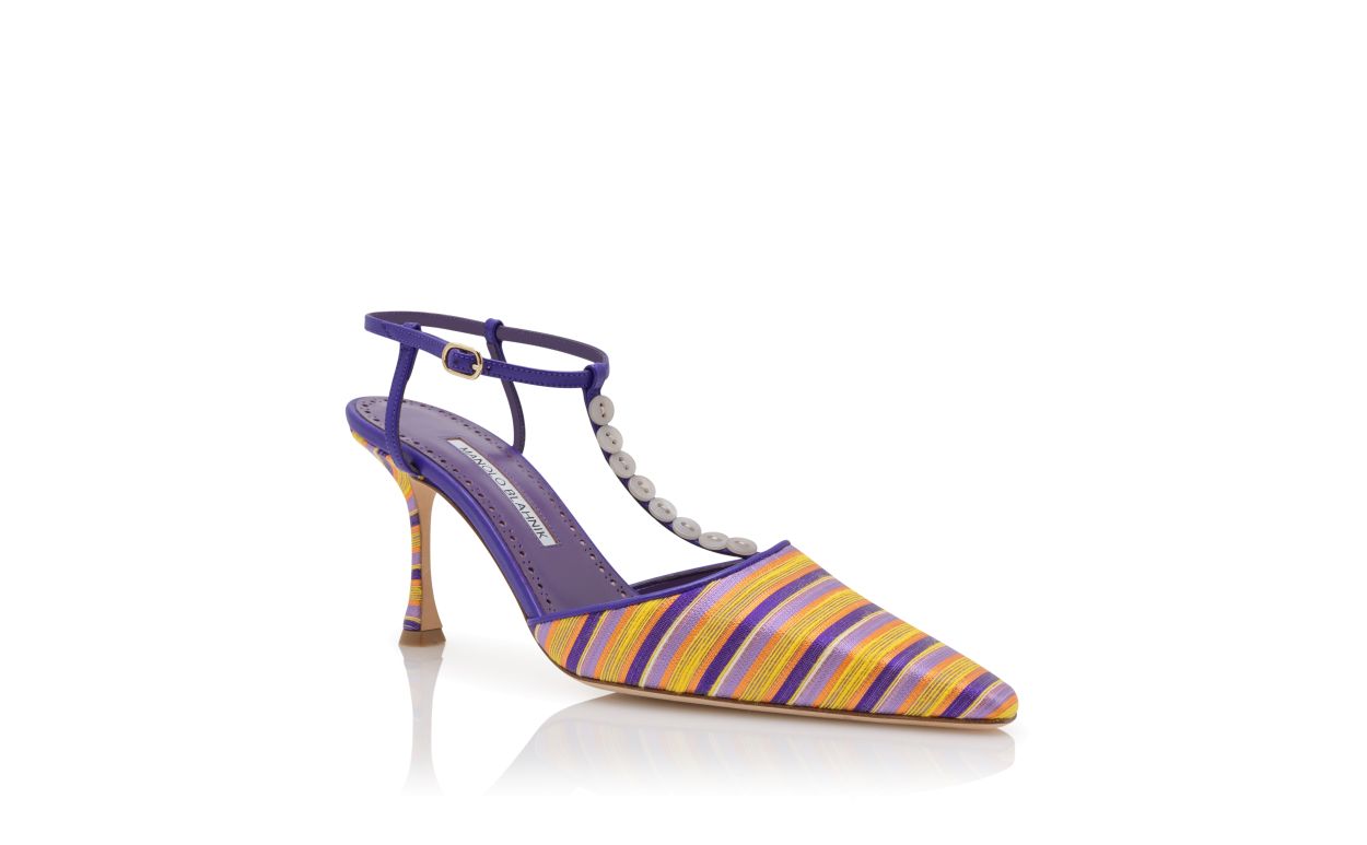 Purple and Orange Cotton Striped T-Bar Pumps