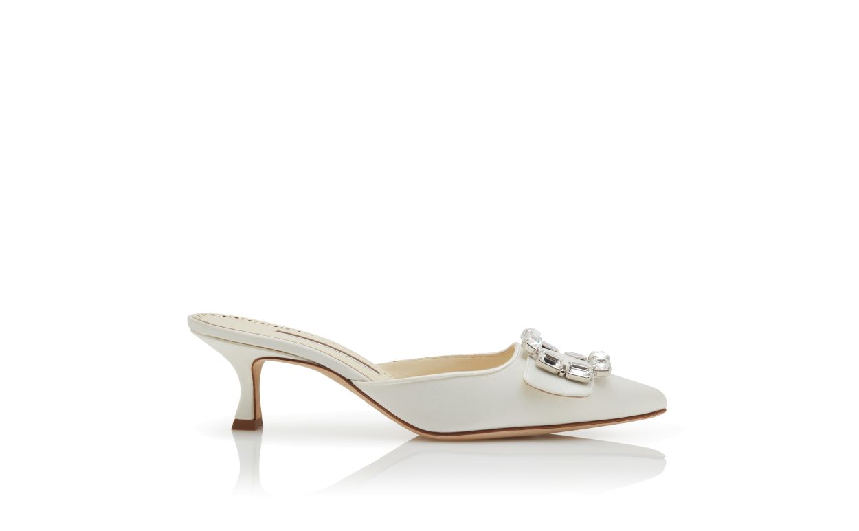 Cream Satin Crystal Buckle Mules