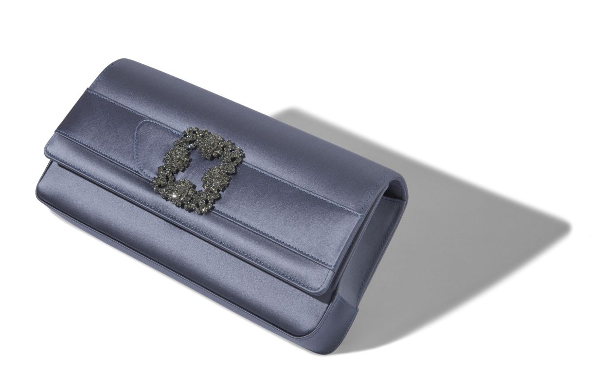 Grey Satin Jewel Buckle Clutch
