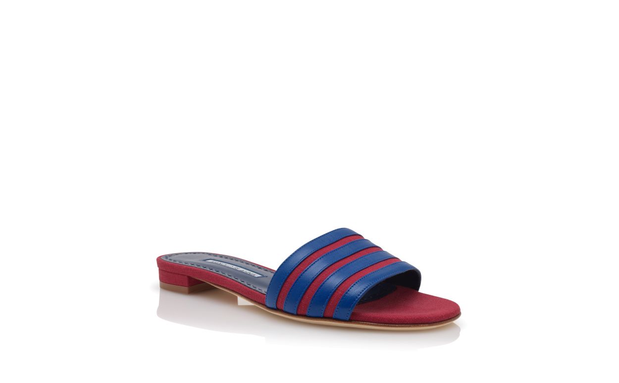 Red and Blue Linen Flat Mules