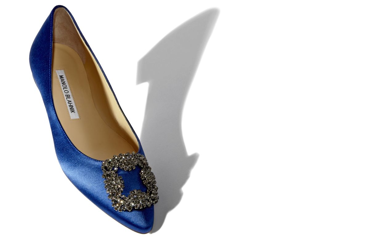 Blue Satin Jewel Buckle Flat Pumps