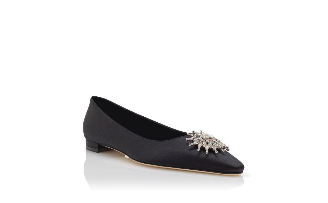 Black Satin Crystal Embellished Flat Pumps