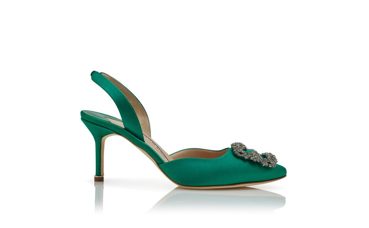 Green Satin Jewel Buckle Slingback Pumps
