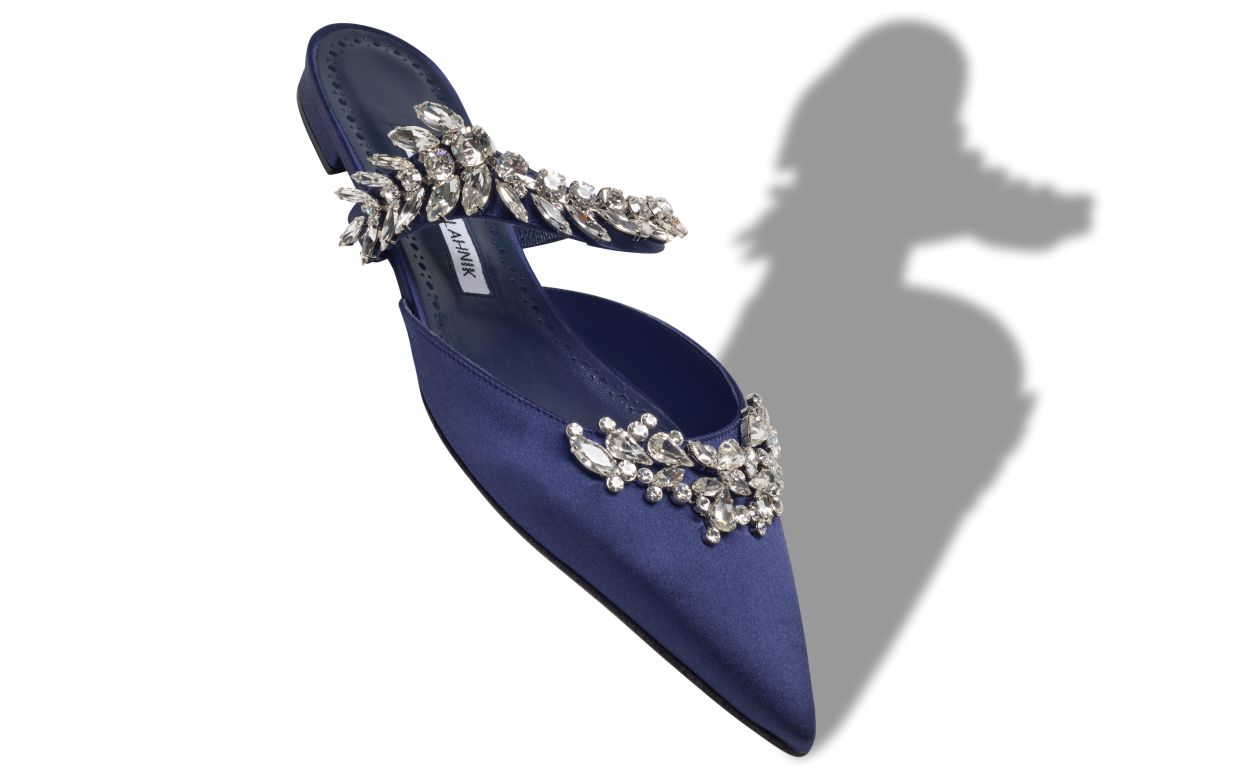 Navy Blue Satin Crystal Embellished Flat Mules