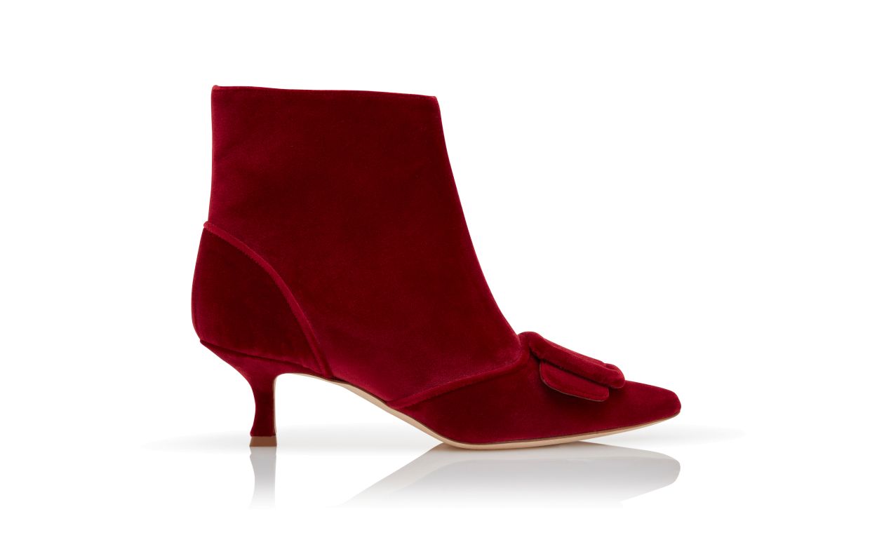 Red Velvet Buckle Detail Ankle Boots