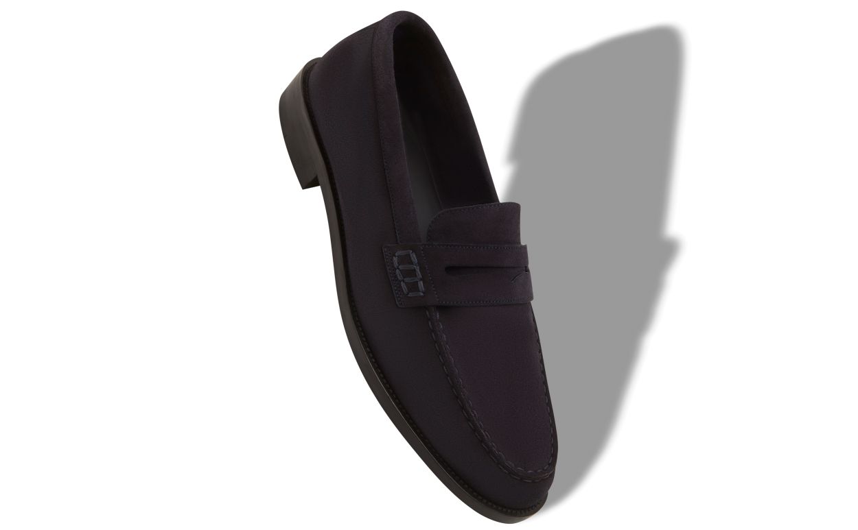 Navy Blue Suede Penny Loafers