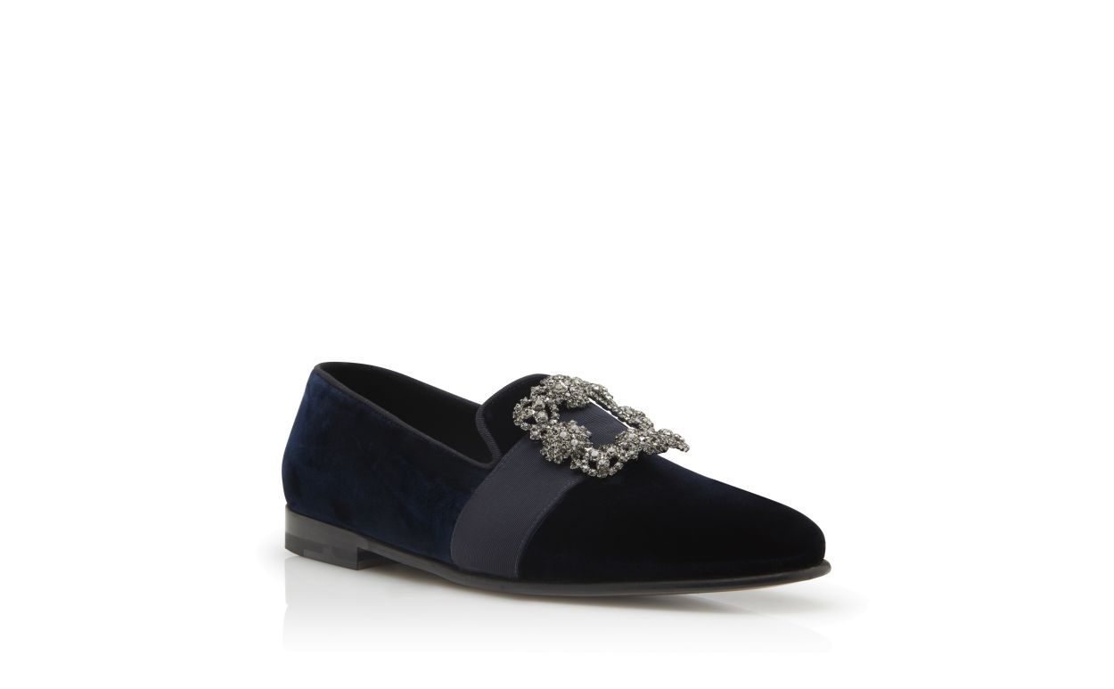 Navy Blue Velvet Jewelled Buckle Loafers