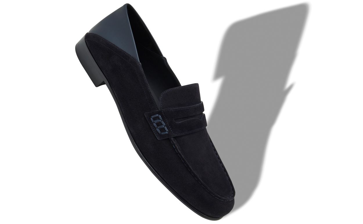 Navy Blue Suede Penny Loafers